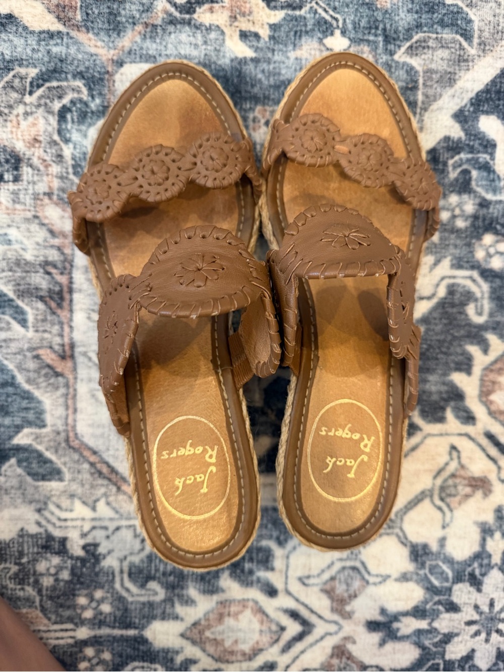 Jack Rogers Tan Brown Leather Slide Mules with Whipstitch Detail